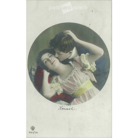 1910 - Romantikus képeslap. Eredeti papírkép. Régi fotó. Színezett fotólap, régi képeslap. (2792695)