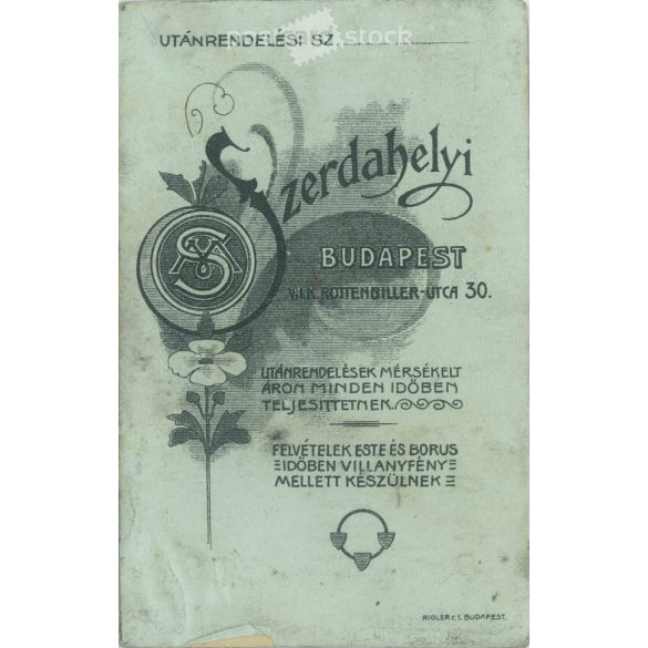 1900-as évek eleje. Fiatal férfi műtermi fotója. A képen szereplő személye ismeretlen. Szerdahelyi fényképészeti műterem munkája. Budapest. Régi fotó, vizitkártya, CDV fotó. (2792703)