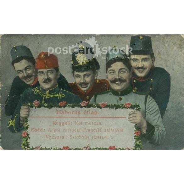 1914 - Háborús étlap, humoros menüvel. Régi fotó. Papírkép, színezett fotó reprodukciója, régi képeslap, nyomat. (27927179)