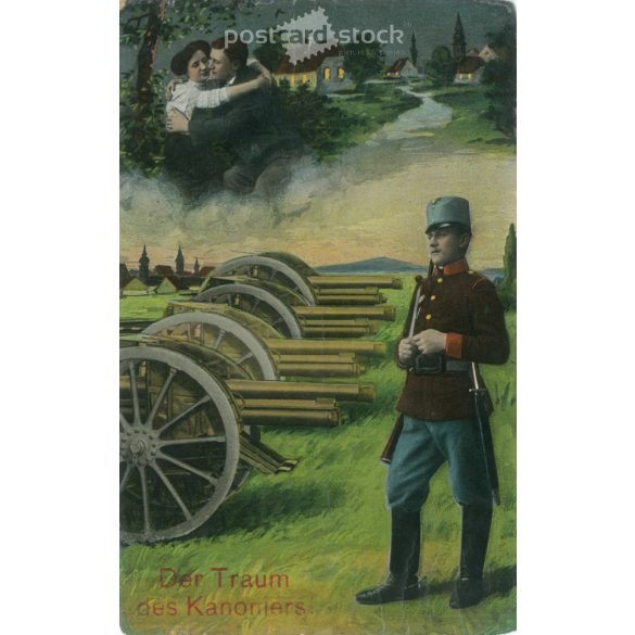 1912. Romantikus, katonai képeslap. Papírkép, színezett fotólap, régi képeslap, nyomat. (2792734)