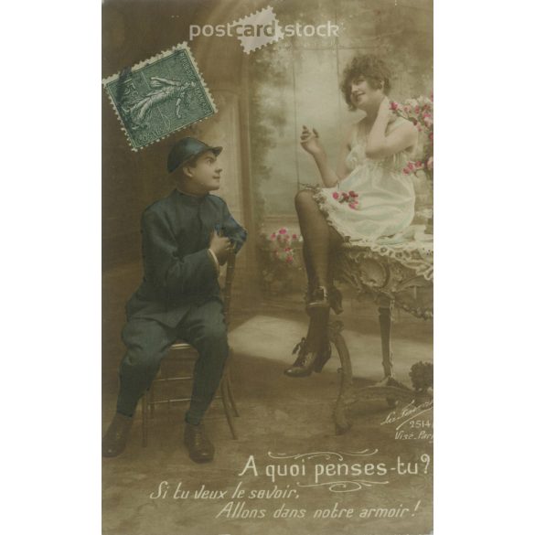 1918. Romantikus, katonai képeslap. Párizs. Eredeti papírkép. Régi fotó. Színezett fotólap, régi képeslap. (2792736)