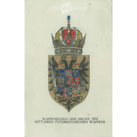 1916 - Osztrák címer pajzs és korona. Aranyozott grafika, régi képeslap. (27925738)