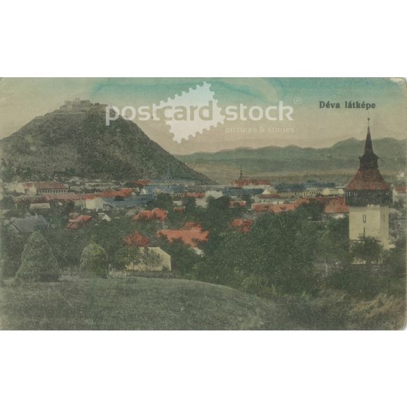 1918 - Déva látképe. Eredeti papírkép. Régi fotó. Színezett fotólap, régi képeslap. (2792750)