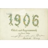 1906 - Újévi üdvözlet, régi képeslap, üdvözlőlap. Dombornyomott, aranyozott, litografált, egyedi grafika. (2792765)
