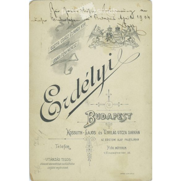 1904 - Elegáns, középkorú férfi, műtermi portréfotója. Erdélyi fényképészeti műterem munkája. Budapest. Régi fotó, eredeti kabinetfotó / keményhátú fotó. (2792770)