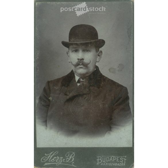 1900-as évek eleje. Előkelő úr kalapban, műtermi fotója. A képen szereplő személye ismeretlen. Herz B. fényképészeti műterem munkája. Budapest. Régi fotó, eredeti kabinetfotó / keményhátú fotó. (2792778)