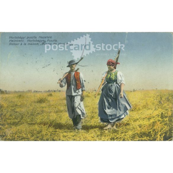 1912 - Hortobágyi puszta. Hazafelé. Régi képeslap. Litografált, egyedi grafika. (2792780)