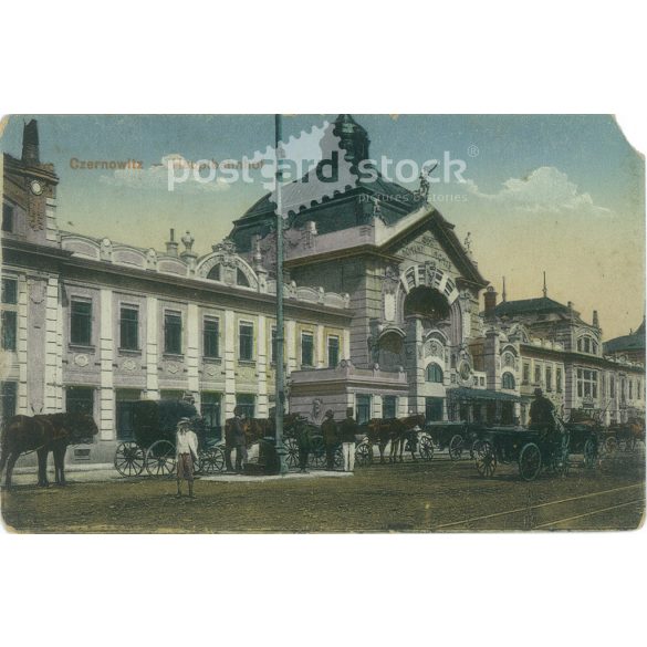 Czernowitz város vasútállomása, kárpátalja, mai Ukrajna területe. Eredeti papírkép. Színezett fotólap, régi képeslap. (2792797)