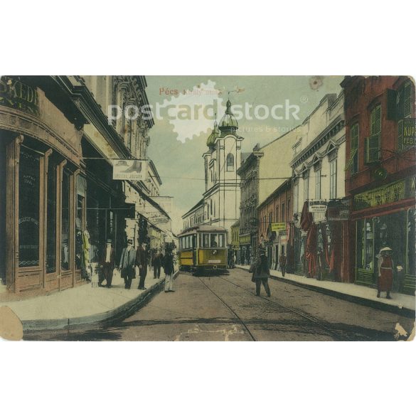 1914 - Pécs, Király utca. Eredeti papírkép. Színezett fotólap, régi képeslap. (2792798)