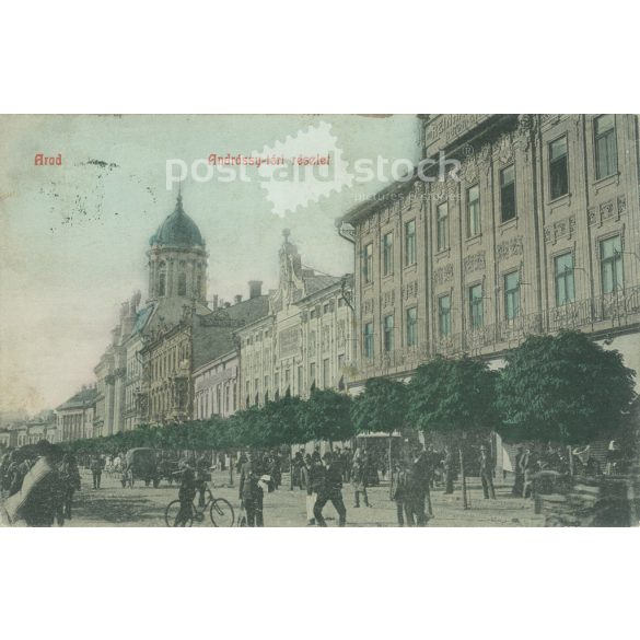1908 - Andrássy-tér részlet, Arad. Eredeti papírkép. Színezett fotólap, régi képeslap. (2792822)