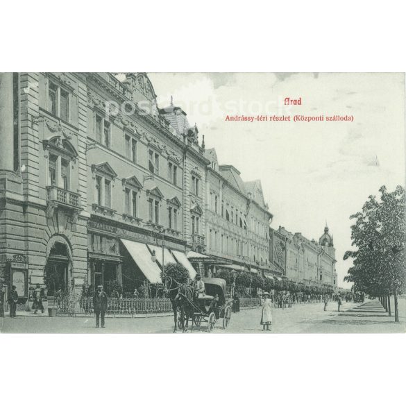 1910 - Andrássy-tér részlet, Arad. Központi szálloda. Eredeti régi fotó. Fekete-fehér fotólap, régi képeslap. (2792823)