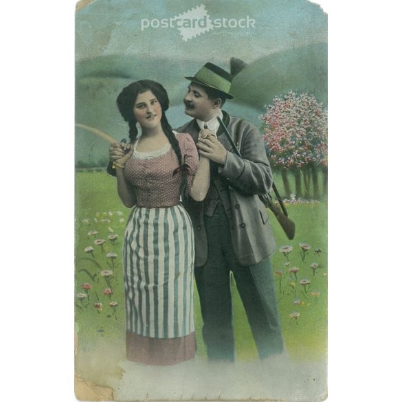 1914 - Romantikus képeslap. Eredeti régi fotó. Színezett fotólap, régi képeslap. (2792832)
