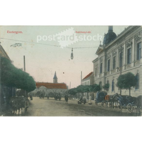 1913 - Széchenyi-tér, Esztergom. Grószner B. kiadása. Eredeti papírkép. Színezett fotólap, régi képeslap. (2792845)