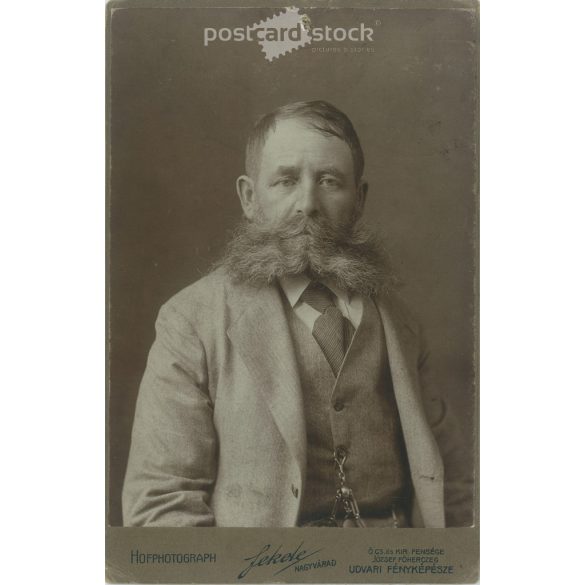 cca 1900. Elegáns, szakállas, idősebb úr műtermi portréfotója. A fotó Fekete fotóműteremben készült, Nagyváradon. Régi fotó. Eredeti kabinetfotó / keményhátú fotó / vizitkártya, CDV fotó. (2792850)