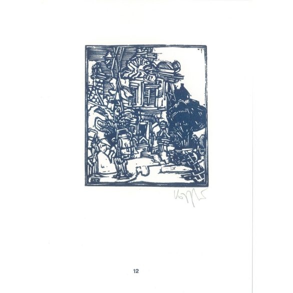 Kőnig Róbert: Cornwalltól Edinburghig 1987 - grafikai epigrammák. Bath II. X3. Jelzett, eredeti fametszet. Festmény és grafika kategória. (2792876)