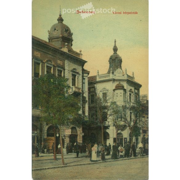 1910 - Debrecen, városi bérpaloták. Színezett fotólap, képeslap. (2792946)