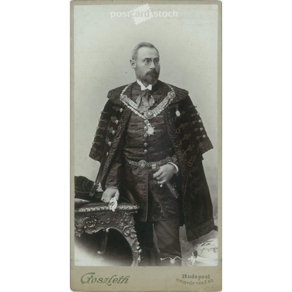 A fotón egy ismeretlen, előkelő személy látható, díszmagyarban. A fotó Goszleth István fényképészeti műteremében készült. Régi fotó / Kabinetfotó / keményhátú fotó. (2793197)