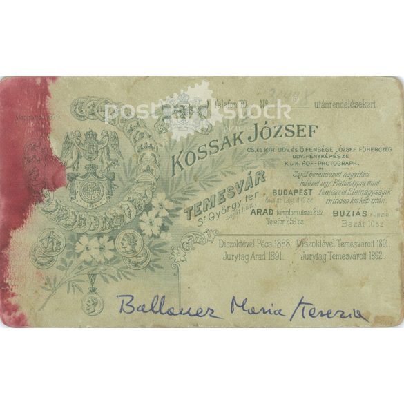 Ballaner Mária és Terézia, fiatal testvérpár. Kossak József fotóműterem munkája, Temesvár. Eredeti kabinetfotó / keményhátú fotó / vizitkártya, CDV fotó. (2793221)