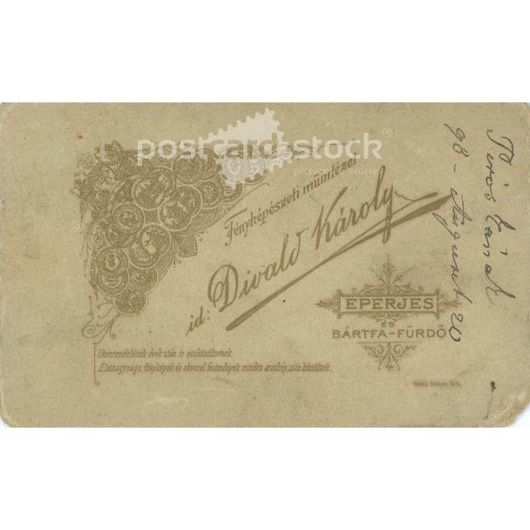 1898 - Eperjes, Divald Károly fotóműtermében készült fotó. A képen szereplő személye ismeretlen. Eredeti kabinetfotó / keményhátú fotó / vizitkártya, CDV fotó. (2793419)