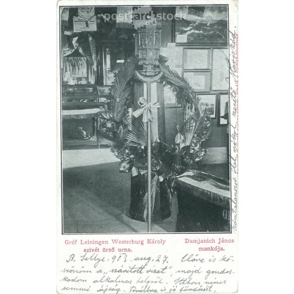 1903 - Leiningen–Westerburg Károly szívét őrző urna és Damjanich János mankója. Fekete-fehér fotólap, régi képeslap. (2793465)