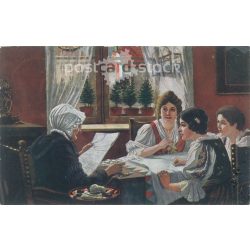   1910-as évek. Hírek a harctérről. (Pap Henrik festménye) régi képeslap (2793477)