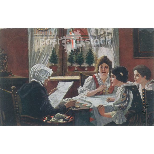 1910-as évek. Hírek a harctérről. (Pap Henrik festménye) régi képeslap (2793477)
