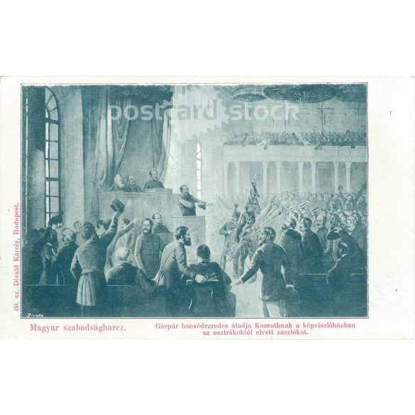 1898 - Gáspár András huszárkapitány átadja Kossuthnak a képviselőházban az osztrákoktól, Ozoránál elvett zászlókat. Régi képeslap. (2793521)