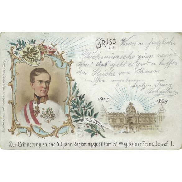 1898 - I. Ferenc József uralkodásának 50. évfordulójára kiadott képeslap. Színezett litográfia. Régi képeslap (2793534)