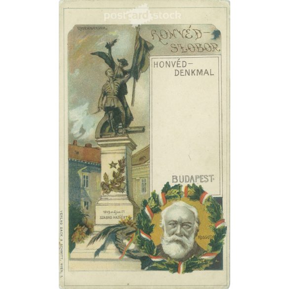 1900-as évek eleje. A budai Honvéd-szobor és Kossuth Lajos öregkori képe. Színezett litográfia. Régi képeslap. (2793559)