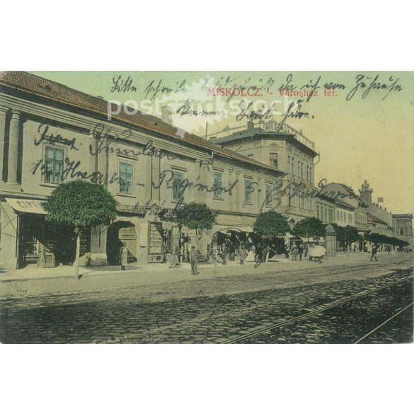1910 - Miskolc. Városház tér. Eredeti papírkép. Színezett fotólap, régi képeslap. (2793623)