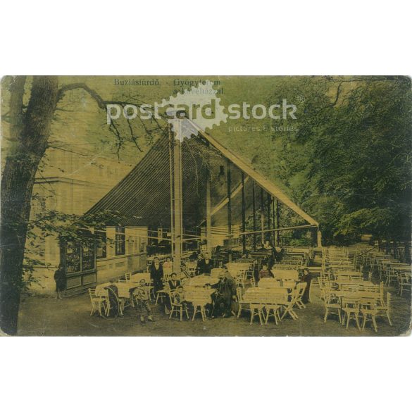 1912 - Buziásfürdő. Gyógyterem a kávéházzal. Eredeti papírkép. Színezett fotólap, régi képeslap. (2793624)