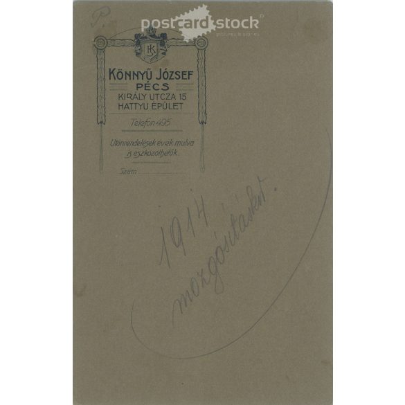 1914 - Fiatal tiszt műtermi felvétele a mozgósításkor. A fotó Könnyű József fotóműtermében, Pécsett készült. Régi fotó. Eredeti kabinetfotó / keményhátú fotó / vizitkártya, CDV fotó. (2793664)