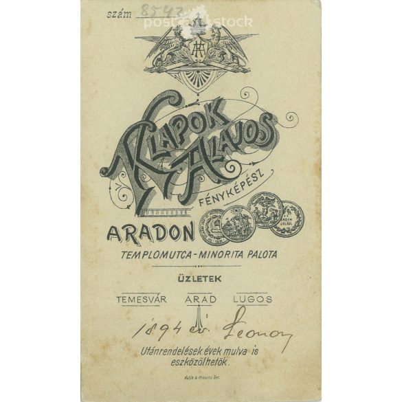 1894 - Elegáns, fiatal nő műtermi fotója. A képen szereplő személye ismeretlen. A fotó Klapok Alajos fotóműtermében, Aradon készült. Régi fotó. Eredeti kabinetfotó / keményhátú fotó / vizitkártya, CDV fotó. (2793755)