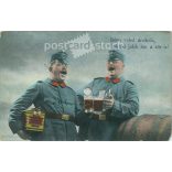 1916 - I. világháború Osztrák-Magyar Monarchia katonái. Részeg, éneklő katonák, humoros dalszöveggel. Eredeti papírkép. Színezett fotólap, régi képeslap. (2793838)