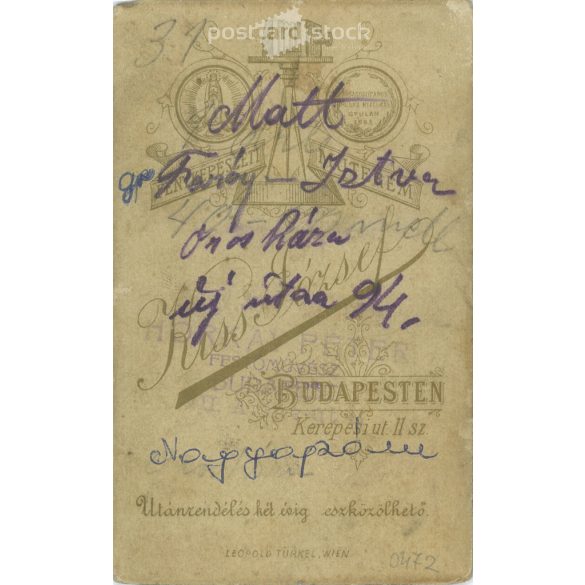 1896 - Franóy István, fiatal katona fotója, Orosháza. A kép Kiss József fotóműtermében készült, Budapesten. Eredeti kabinetfotó / keményhátú fotó / vizitkártya, CDV fotó. (2793843)