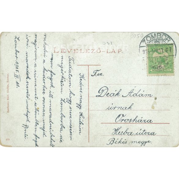 1915 - II. Rákóczi Ferenc szobra, Zombor. Eredeti régi fotó. Színezett fotólap, régi képeslap. (2793884)